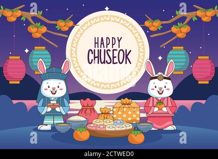 felice chuseok celebrazione con conigli coppia e vettore scena alimentare disegno dell'illustrazione Illustrazione Vettoriale
