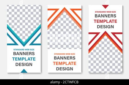 Set di banner Web verticali bianchi vettoriali con posizione per triangoli di foto e colori. Modelli di progettazione per la pubblicità. Illustrazione Vettoriale