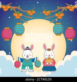 felice chuseok celebrazione con conigli coppia e lanterne appesi in disegno di illustrazione vettoriale di nubi Illustrazione Vettoriale