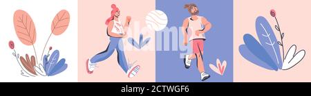 Maratona runner personaggi di running uomini e donne. Illustrazione Vettoriale