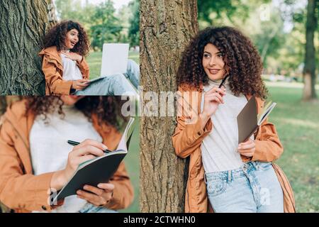 Collage di giovane donna in impermeabile con laptop e tenuta notebook vicino all'albero nel parco Foto Stock