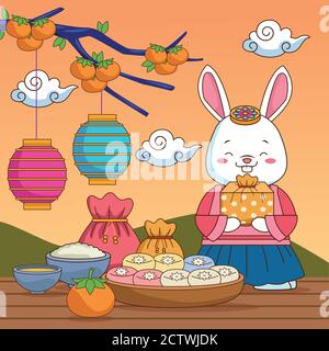 felice chuseok celebrazione con coniglio sollevamento dono e vettore di cibo disegno dell'illustrazione Illustrazione Vettoriale