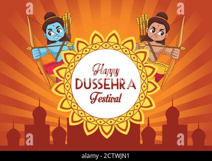 poster happy dussehra festival con due personaggi rama e mandala disegno dell'illustrazione vettoriale del telaio Illustrazione Vettoriale