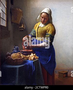 La cameriera della cucina Milkmaid - Het melk meisje (1658-1660) Johannes Jan Vermeer Dutch, Delft 1632–1675 Delft Netherlands (pittore olandese nell'età dell'oro, uno dei più grandi pittori, 17th ° secolo. senza tempo, momenti assennati, rimane enigmatica, inimitabile combinazione di colori e contenuto luminoso sconcertante) Foto Stock