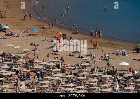 Impressionen: Luftbild, Strand, Puerto de Mogan, Gran Canaria, Kanarische Inseln, Spanien/ Impression: Vista aerea, spiaggia, Puerto de Mogan, Las Palma Foto Stock