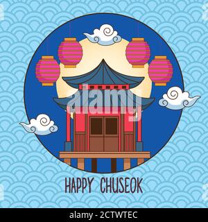felice celebrazione chuseok con costruzione cinese e lanterne illustrazione vettoriale design Illustrazione Vettoriale