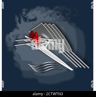 L'emblema del club canottaggio. Barca bianca, forme rosse, onde blu. Illustrazione vettoriale Illustrazione Vettoriale