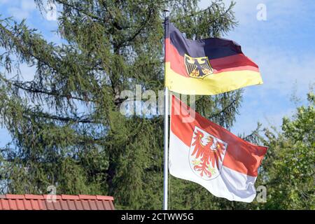 Halbe, Germania. 09 settembre 2020. La bandiera dello stato di Brandeburgo e la bandiera della Repubblica federale di Germania con l'aquila su strisce nero-rosso-oro si stanno muovendo sopra un giardino su un albero. Credit: Soeren Stache/dpa-Zentralbild/ZB/dpa/Alamy Live News Foto Stock