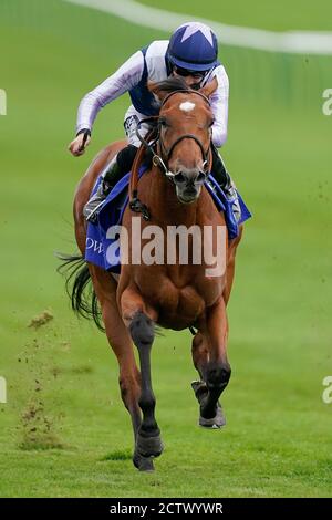 Harry Bentley che cavalcano Antonia de Vega vince la Principessa reale Muhaarar Stakes durante il secondo giorno del Cambridgeshire Meeting all'Ippodromo di Newmarket. Foto Stock