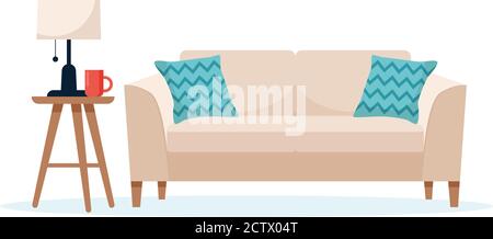 Moderno divano con tavolo laterale, bella illustrazione vettoriale interna in stile piatto Illustrazione Vettoriale