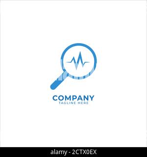 Modello di progettazione del logo dei servizi di monitoraggio dello stato isolato su sfondo bianco. Lente di ingrandimento e illustrazione vettoriale a impulsi. Tema di colore blu brillante. Illustrazione Vettoriale