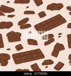 Disegno a mano della barretta di cioccolato. Dessert al latte dolci gustosi modello senza cuciture, cacao ripetizione snack disegno in colore marrone. Illustrazione Vettoriale