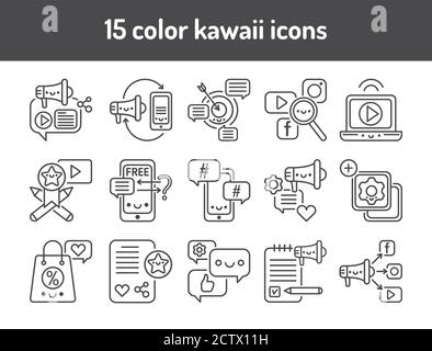 Set di icone nere della linea di promozione SMM. Cartelli per pagina Web, app mobile, pulsante, logo. Elemento isolato vettoriale. Tratto modificabile Illustrazione Vettoriale