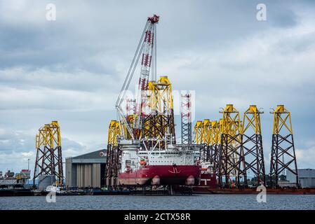 'Seajacks Scylla' è la nave di installazione di impianti eolici offshore più avanzata del mondo. Caricamento dei cavalletti di fondazione in Cromarty Firth Foto Stock