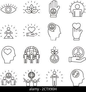 pacchetto di sedici icone stile linea peace set illustrazione vettoriale design Illustrazione Vettoriale