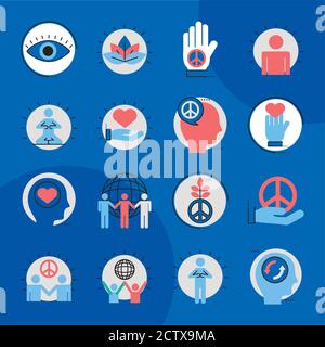 pacchetto di sedici icone di tipo peace set e fill disegno di illustrazione vettoriale Illustrazione Vettoriale