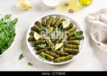 Dolma, foglie d'uva farcite con riso e carne su fondo di pietra chiaro. Foto Stock