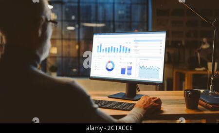 Oltre la spalla sicuro Medio uomo d'affari invecchiato seduto alla sua scrivania utilizzando computer desktop con statistiche, dati vari, grafici e grafici Foto Stock