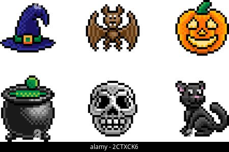 Set di icone di Halloween pixel Art Game Illustrazione Vettoriale