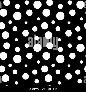 Cerchi bianchi e neri motivo astratto punto polka senza cuciture. Astratto bianco geometrico forma rotonda sfera struttura del disco su sfondo nero. Illu semplice Foto Stock