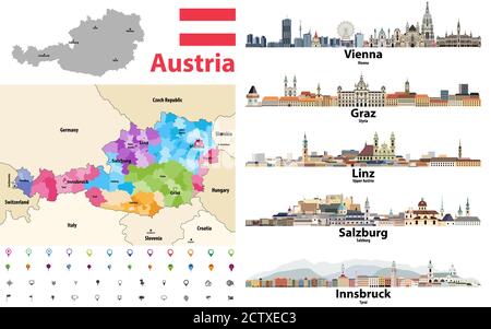 Mappa austriaca colorata da stati che mostrano i confini dei distretti, con i paesi vicini. Skyline delle città austriache. Bandiera dell'Austria. Navigazione e loc Illustrazione Vettoriale