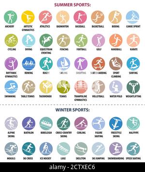 Icone degli sport estivi e invernali. Pittogrammi vettoriali isolati su sfondi tondi luminosi e colorati con i nomi delle discipline sportive Illustrazione Vettoriale