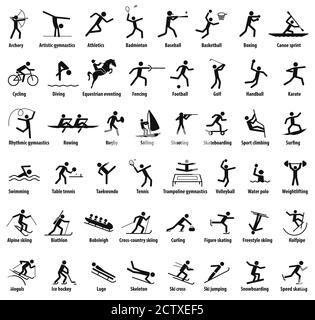 Icone sportive. Vettore isolato pittogrammi neri con i nomi delle discipline sportive Illustrazione Vettoriale