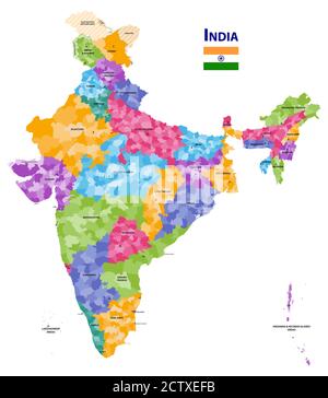 India mappa vettoriale dettagliata che mostra i confini degli stati e dei distretti con i nomi e le capitali degli stati. Bandiera dell'India Illustrazione Vettoriale