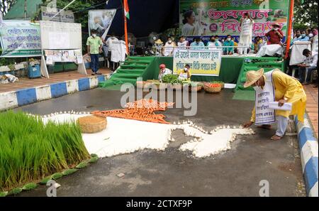 Kolkata, India. 25 Settembre 2020. Bengala Occidentale Kishan Majdoor Trinamool Congresso attivista prendere parte a dimostrazione di protest contro Farm Bill vicino alla statua di Gandhi. (Foto di Ved Prakash/Pacific Press) Credit: Pacific Press Media Production Corp./Alamy Live News Foto Stock