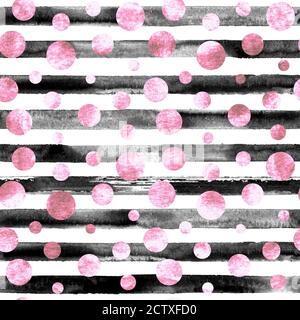 Cerchi astratti di confetti rosa geometrici e strisce bianche nere senza cuciture con effetto grunge. Disegno a mano acquerello moda striped texture ba Foto Stock