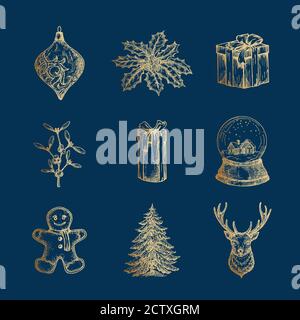 Allegro Natale di classe e felice anno nuovo Abstract Vector segni o icone Set. Mistletoe, palla di neve, uomo di pan di zenzero, pino, cervo e agrifoglio disegnati a mano Illustrazione Vettoriale