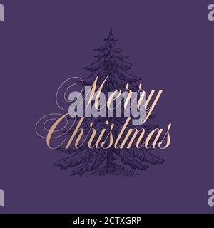 Buon Natale Abstract Vector retro etichetta, segno o modello di carta. Disegno a mano di disegno di albero di pino Illustrazione con la tipografia dorata di retro classica Illustrazione Vettoriale