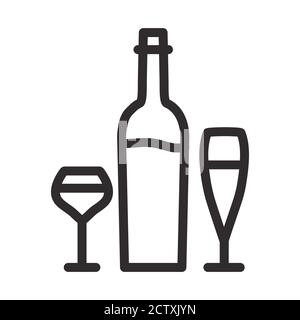 Bottiglia di vino e icona di bicchiere. Vettore di contorno isolato su sfondo bianco. Illustrazione Vettoriale
