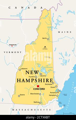 New Hampshire, NH, mappa politica, con la capitale Concord. Stato nella regione del New England degli Stati Uniti d'America. Lo Stato di granito. Foto Stock