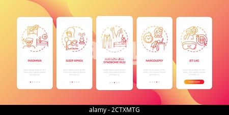 Disturbi del sonno tipi rosso gradiente onboarding pagina app mobile con i concetti Illustrazione Vettoriale