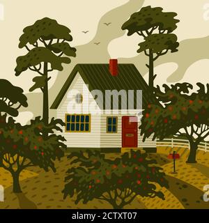 Casa colonica. Paesaggio rurale con bianco casa di campagna in stile rustico e giardino di frutta verde. Illustrazione Vettoriale