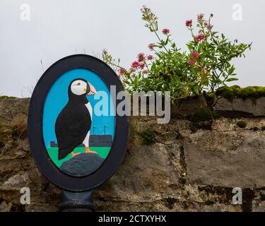 Un'illustrazione Puffin su un cartello nella città di Beaumaris in Galles. Beaumaris è il luogo da cui partono le gite in barca per l'isola di Puffin. Foto Stock