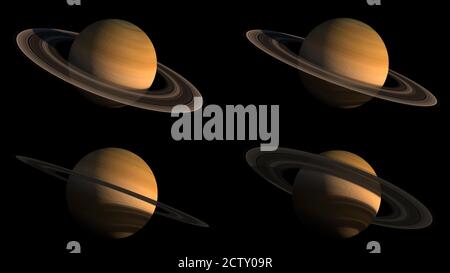 Rendering 3D del pianeta Saturno su nero, da diverse angolazioni con il tracciato di ritaglio incluso nell'illustrazione, per lo sfondo dell'esplorazione spaziale Foto Stock