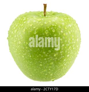 mela verde con gocce d'acqua isolate su sfondo bianco. Foto Stock