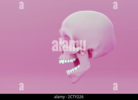 cranio rosa con mandibola aperta a sorpresa, su sfondo rosa, vista laterale, illustrazione 3d Foto Stock