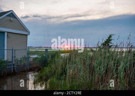 Un tramonto rosso fuoco su alcune piante di Tall al Baia di Wildwood, New Jersey Foto Stock