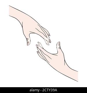 Due mani si raggiungono l'una verso l'altra. Illustrazione del concetto vettoriale. Fiducia, aiuto, insieme, segno di cura. Illustrazione Vettoriale
