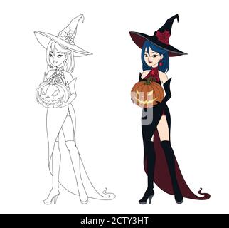 Bella strega cartone animato che tiene la zucca di Halloween. Capelli blu, abito nero e cappello grande. Illustrazione vettoriale disegnata a mano per libro da colorare. Isolato su w Illustrazione Vettoriale