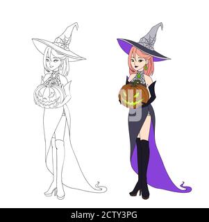 Bella strega cartone animato che tiene la zucca di Halloween. Capelli rossi, abito viola e cappello grande. Illustrazione vettoriale disegnata a mano per libro da colorare. Isolato su w Illustrazione Vettoriale