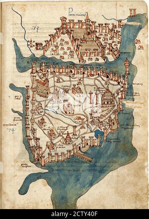 Antica mappa della città di Costantinopoli dal raro libro di Cristoforo Buondelmonti stampato nel 1475. Vecchia pagina cartacea con immagine di Costantinopoli, capitale di Foto Stock