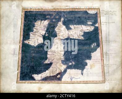 La Gran Bretagna vecchia mappa dal raro libro medievale Geografia di Claudius Tolomeo pubblicato nel 1480. Dettaglio della mappa del mondo antico d'epoca da vicino. Concetto di ant Foto Stock