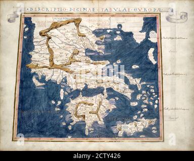 Grecia vecchia mappa dal raro libro medievale Geografia di Claudius Tolomeo pubblicato nel 1480. Dettaglio della mappa del mondo antico d'epoca da vicino. Concetto di antiq Foto Stock