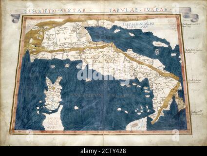 Italia vecchia mappa del raro libro medievale Geografia di Claudius Tolomeo pubblicata nel 1480. Dettaglio della mappa del mondo antico d'epoca da vicino. Concetto di istor Foto Stock