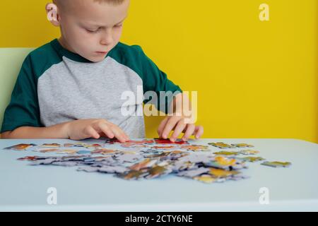 Il capretto che fa i puzzle. Il concetto dei giochi educativi della scheda. Foto Stock