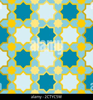 Motivo senza cuciture con elementi di decorazione blu e dorata orientale. Immagine vettoriale. Illustrazione Vettoriale